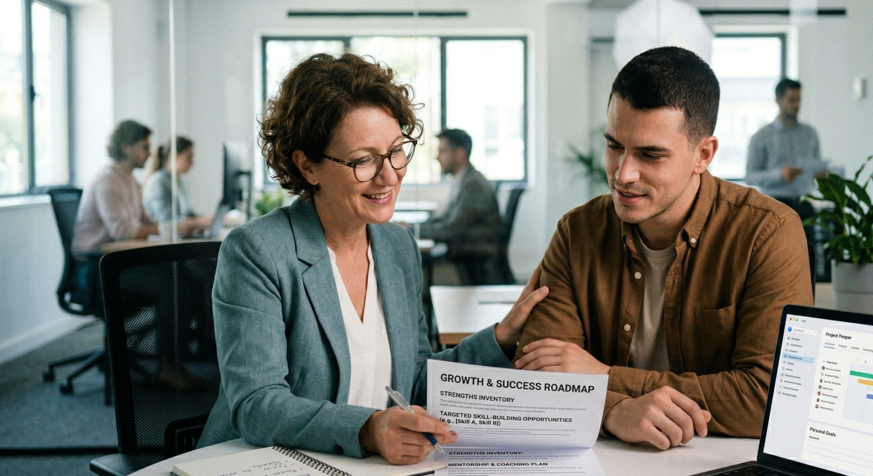 A manager reviewing a structured performance improvement plan document.